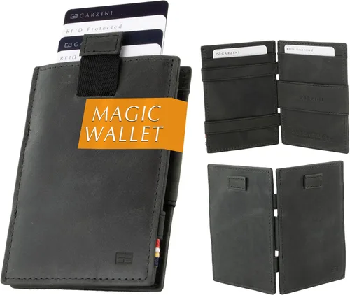 GARZINI Cartera mágica con tirador, cartera minimalista con tarjetero RFID, cartera de cuero para 12 tarjetas, 07 Negro cepillado, Minimalista