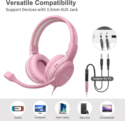 Miniatura 6 de SIMOLIO Audífonos para niños con micrófono para la escuela, auriculares con cable de 75/85/94 dB con micrófono retráctil para iPad, PC, laptop