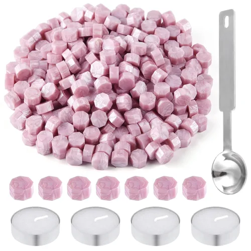 Kit de 500 piezas de sello de cera - Cuentas de sello octogonales rosas con 4 velas de té y 1 cuchara para derretir cera para manualidades, cartas,