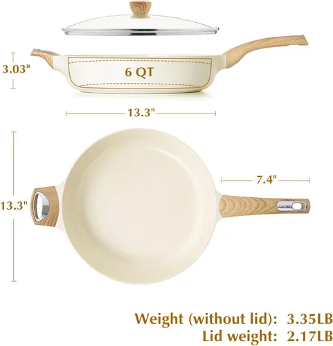 Miniatura 6 de SENSARTE Sartén Antiadherente de Cerámica con Tapa, Sartén Profunda Grande de 13.3 Pulgadas, Sartén Salteadora de 6 Qt, Sartén de Inducción, Sartén