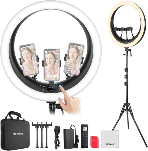 Miniatura 13 de NEEWER Anillo de luz LED RGB de 19 pulgadas con soporte, 3 soportes para teléfono, panel táctil, control de 2.4G/aplicación, 42W CRI97+ 2800lux/1.6