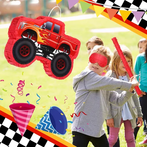 Miniatura 5 de Sratte Piñata de camión para niños, decoraciones de fiesta de cumpleaños, piñata de coche de carreras de monstruos con palo para los ojos vendados
