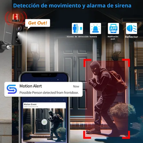 Miniatura 4 de Septekon - Cámaras de seguridad 2K inalámbricas para exteriores, paquete de 4, cámara alimentada por batería solar con dos focos, detección