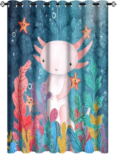 Miniatura 43 de Cortinas abstractas de ajolote con diseño de galaxia, colorido, peces, animales, ajolote, aislamiento térmico, oscurecimiento y reducción de ruido