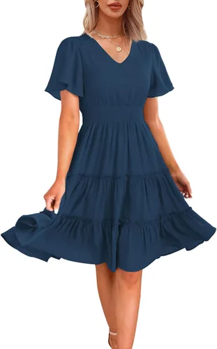 Zattcas Vestidos de otoño de manga larga 2023 para mujer, cuello en V, cintura fruncida, casual, fluido, acampanado, vestido midi de trabajo