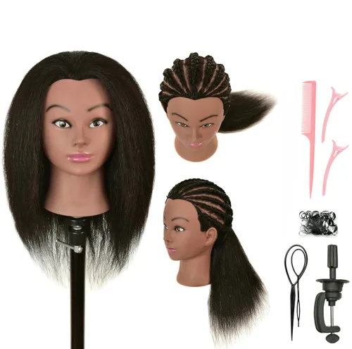 Cabeza de maniquí de 100% cabello humano real con soporte para práctica de trenzado y peinado en peluquería y cosmetología, cabeza de muñeca para