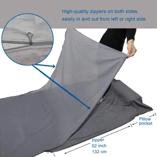 Miniatura 2 de Browint Sábana de viaje de seda/algodón con cremalleras dobles, saco de dormir extra ancho de 87 x 43 pulgadas para hoteles, forro de saco de dormir