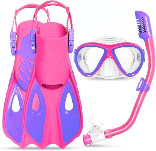 Snorkeling Gear for Kids Ages 5-15, 4 in 1 Mask Fins Snorkel Set with HD Tempered Glass Panoramic View Anti-Fog Mask, Dry Top Snorkel, Adjustable