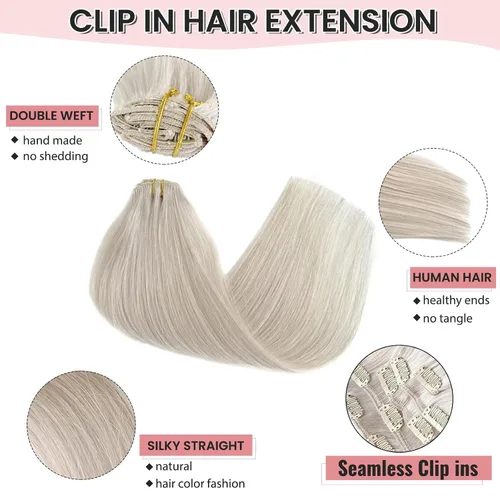 Miniatura 3 de Extensiones de cabello humano real con clip, color blanco hielo, extensiones de cabello humano Remy con clip, 18 pulgadas, 7 piezas, 2.47 oz