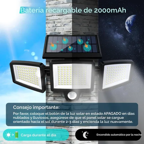 Miniatura 4 de Tuffenough - Luces solares para exteriores, 2500 lm, 210 luces LED de seguridad con control remoto, 3 cabezales de luces con sensor de movimiento