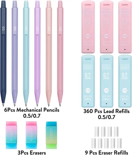 Miniatura 6 de Four Candies Bonito juego de lápices mecánicos, 6 lápices mecánicos pastel de 0.5 y 0.7mm con 360 minas HB, 3 borradores y 9 repuestos de borrador