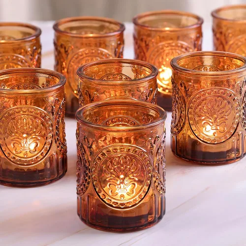 12 portavelas votivas ámbar, velas de té de cristal, portavelas vintage, a granel para centros de mesa, otoño, decoración de Navidad