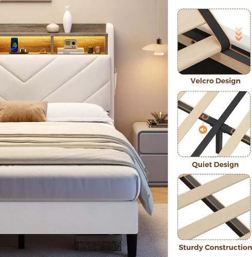 Miniatura 7 de Jocoevol Marco de cama de terciopelo tamaño twin con cabecera ergonómica, plataforma tapizada con luz LED y estación de carga, soporte de listones