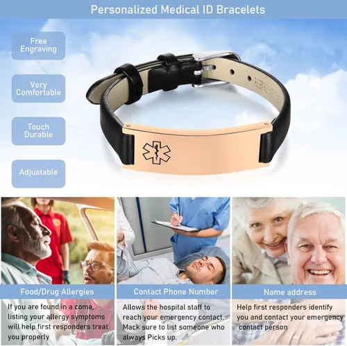 Miniatura 40 de MPRAINBOW Pulsera de alerta médica personalizada para mujer, correa de reloj de cuero genuino, grabado de doble cara, diabetes, epilepsia, joyería