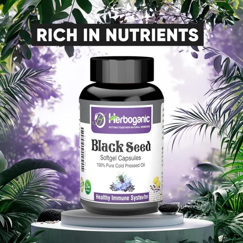 Miniatura 7 de HERBOGANIC Cápsulas blandas de aceite negro prensado en frío, 90 unidades, mezcladas con otros productos herbarios, apoya la salud general