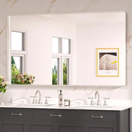 Miniatura 44 de Keonjinn Espejos de baño negros para sobre el fregadero, espejos cuadrados grandes de 36 x 36 pulgadas para pared, espejo rectangular redondeado
