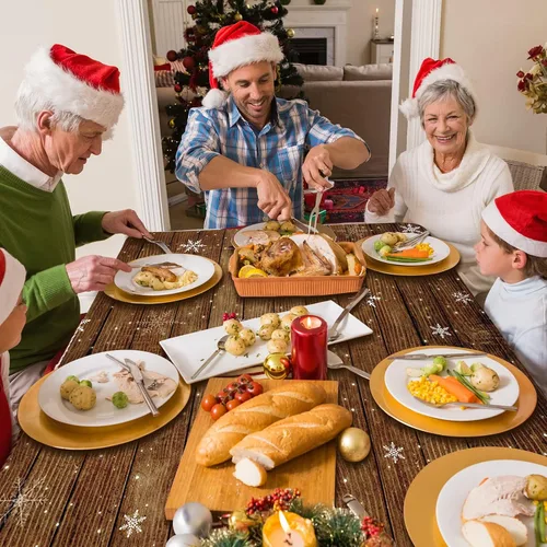 Miniatura 5 de Paquete de 3 manteles navideños con veta de madera marrón, cubremesas de plástico de madera con brillantina dorada de copos de nieve navideños