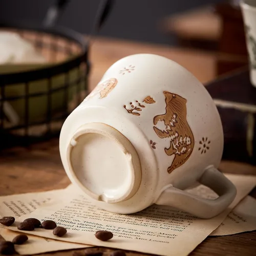 Miniatura 5 de Juego de 4 tazas de café de cerámica vintage de 12 onzas - Hechas a mano de gres cerámico de campo, estilo granja, para té de otoño con gran asa