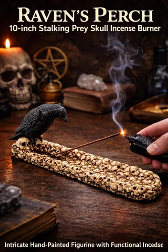 Miniatura 3 de F.E.S.S. Raven Skull - Estatua de quemador de incienso – Figura gótica de resina de 10 pulgadas con cuervo posado en calavera, soporte de incienso