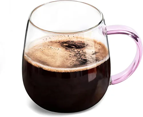 Taza de Vidrio Transparente con Asa, Asa Rosa/16oz, taza de vidrio de borosilicato para grandes tazas de café de vidrio con asas, tazas de bebidas