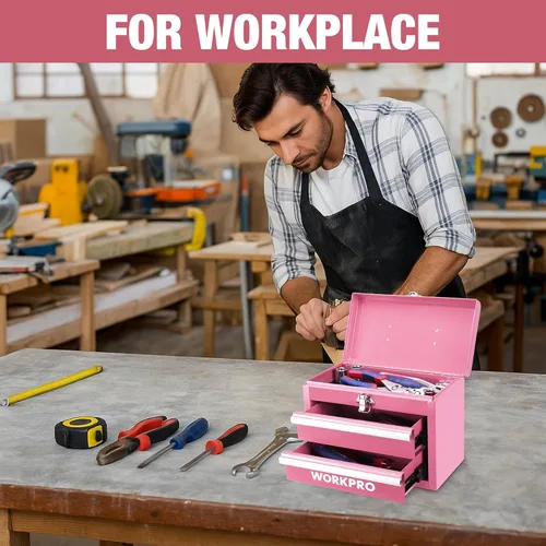 Miniatura 6 de WORKPRO Mini caja de herramientas portátil, caja de herramientas de metal con 2 cajones con deslizadores de rodamientos de bolas, almacenamiento Rosa