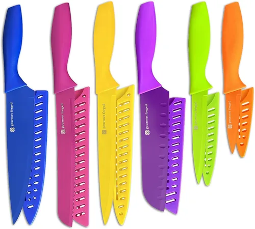 ColorSlice Juego de 12 cuchillos de cocina codificados por colores, 6 cuchillos antiadherentes aptos para lavavajillas con protectores de