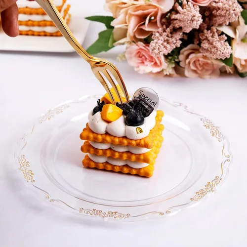 Miniatura 3 de LIYH 200 Piezas Platos de Postre de Plástico Transparente Dorado 7.5" y Tenedores para Pastel 5" - Platos de Plástico Pequeños Transparentes
