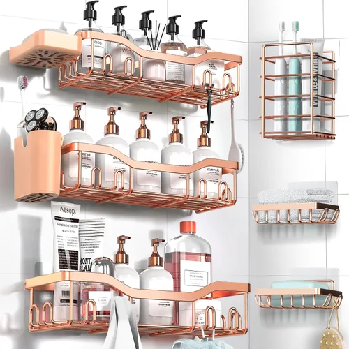 Miniatura 15 de NESOMI Organizador de Ducha Adhesivo Juego de 7 Piezas, Estantes de Baño de Acero Inoxidable a Prueba de Óxido, Accesorios de Almacenamiento sin