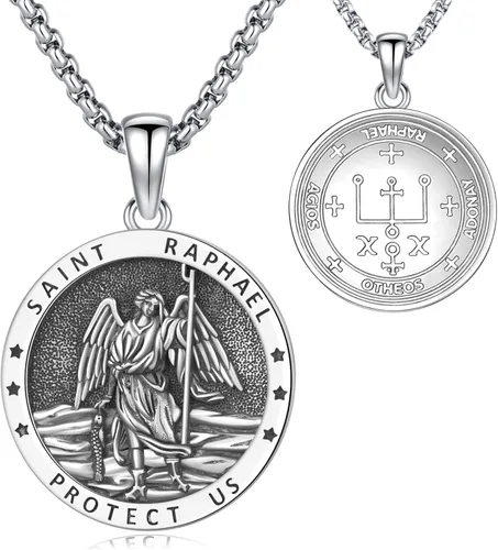 Miniatura 143 de Odinstone Collar de plata de ley 925 con medalla de San Miguel/San Cristóbal/San Benito/Crucifijo de Jesús/San Uriel/Arcángel Rafael para hombres