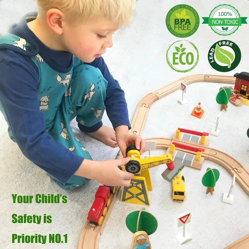 Miniatura 4 de Tiny Land 55 piezas de juego de tren de madera - Compatible con pistas de marcas principales, juguete educativo para niños de 3 a 7 años, duraderos