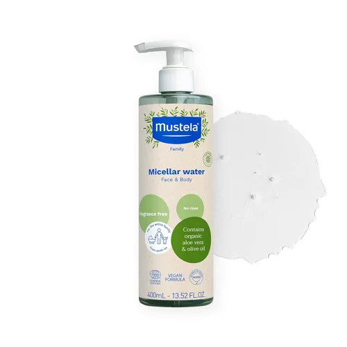 Mustela Agua limpiadora micelar orgánica certificada, limpiador de agua natural sin enjuague con aceite de oliva y aloe vera, para bebés, niños y