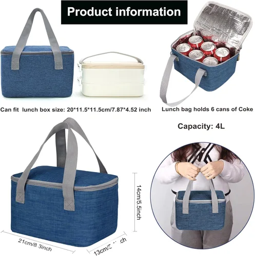 Miniatura 2 de Bolsa de almuerzo de 6 latas/4L para hombres y mujeres, caja de almuerzo cuadrada, pequeña bolsa enfriadora, bolsa térmica aislada suave plegable