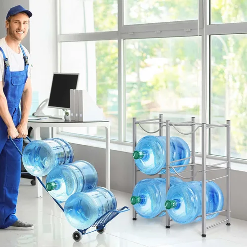 Miniatura 4 de LIANTRAL Soporte para botellas de agua de 5 galones, estante de 3 niveles plateado de doble fila resistente para enfriador de garrafones con 6