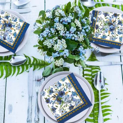 Miniatura 6 de AnyDesign Paquete de 80 servilletas de papel florales de color azul marino con flores azules y blancas, servilletas desechables para almuerzo, marco