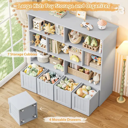 Miniatura 6 de FINETONES Organizador de almacenamiento de juguetes, estantería para niños con 4 cofres móviles y 7 cubos de almacenamiento, organizador