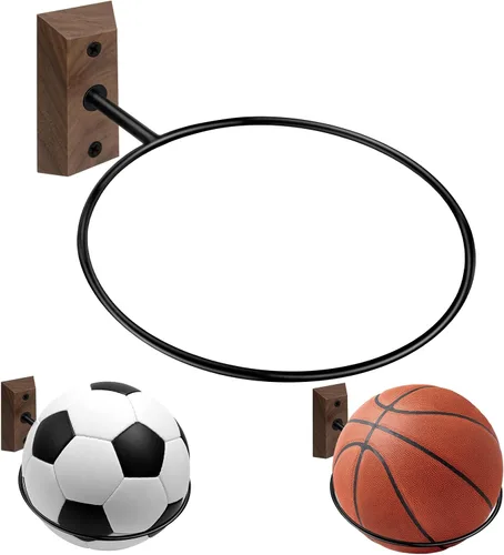 Miniatura 25 de Soporte de pared para baloncesto VIVTOB, soporte de pared para pelota de 7 pulgadas con base de madera maciza de nogal negro y anillo de metal
