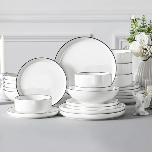 Miniatura 6 de MALACASA Juego de platos y cuencos, juego de vajilla de porcelana moderna de 24 piezas para 6 personas, vajilla de cerámica blanca para cocina