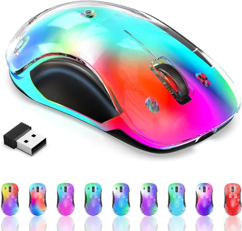Miniatura 12 de memzuoix Mouse inalámbrico de 2.4G con cubierta personalizable y LED de 9 colores, ergonómico recargable, 1400 DPI, 5 botones, receptor USB para Azul