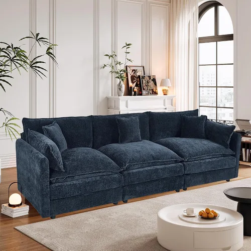 Miniatura 10 de Setawix Sofá Profundo de 3 Plazas con Otomana, Sofás de Nube en Forma de L de 112.2" para Sala de Estar, Sofá de Nube de Chenilla con Asiento Café