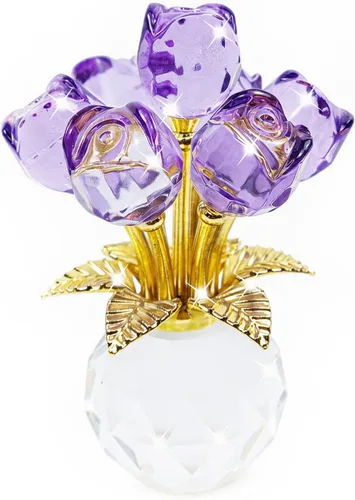 Miniatura 16 de Figura de flor de rosa de cristal con jarrón redondo, flores de cristal, flores de vidrio con tallos, figura de cristal de rosa de cristal, regalos
