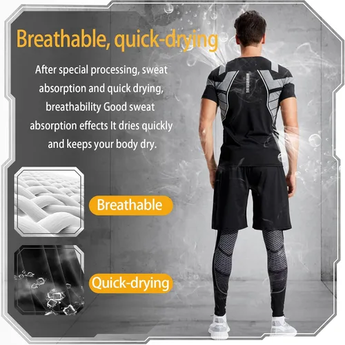 Miniatura 4 de BOOMCOOL Ropa de entrenamiento para hombre ropa de fitness para gimnasio correr pantalones de compresión para correr camiseta de manga larga Negro
