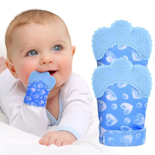 Miniatura 12 de Paquete de 2 guantes de dentición de silicona, calmante para la dentición infantil, alivio del dolor, evita arañazos, juguetes de dentición