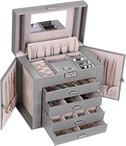 Miniatura 5 de BEWISHOME Joyero organizador de caja de joyería con cajones caja organizadora de collares regalo ideal para mujeres y niñas con espejo de cerradura