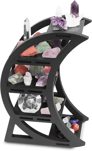 Estante de exhibición de cristal de madera, soporte de cristal para piedras y aceite esencial, decoración de bruja negra, con frase de luna