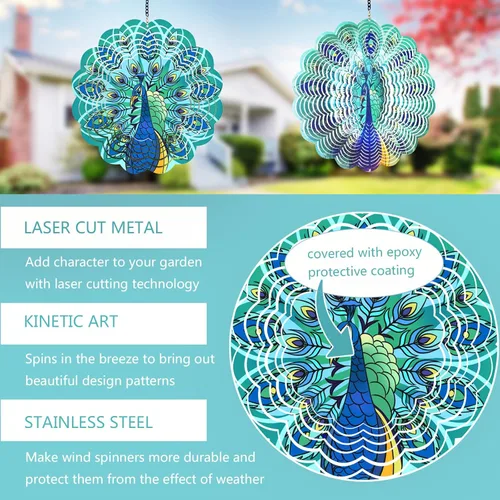 Miniatura 3 de Hilanderos de viento de metal de pavo real - Regalos para mujeres, mamá, abuela, esposa, hilandero de viento colgante para decoraciones