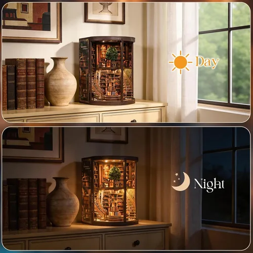 Miniatura 6 de Kit de rincón de libros, rompecabezas de madera 3D para adultos, kit de casa en miniatura para adultos, rincón de libros con luz LED, regalos