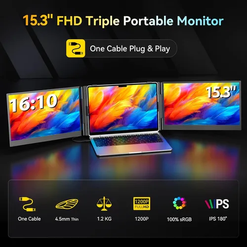 Miniatura 2 de Extensor de pantalla triple para laptop, configuración de un cable, monitor portátil de 15.3 pulgadas para laptop, monitor triple FHD 1200P 16:10