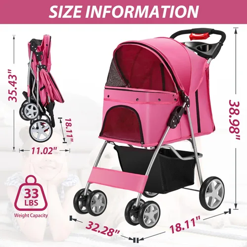 Miniatura 3 de Unisakey Cochecito para mascotas de 4 ruedas para perros pequeños y medianos y gatos, 10 a 33 libras, cochecito plegable para perros y gatos con Rosa