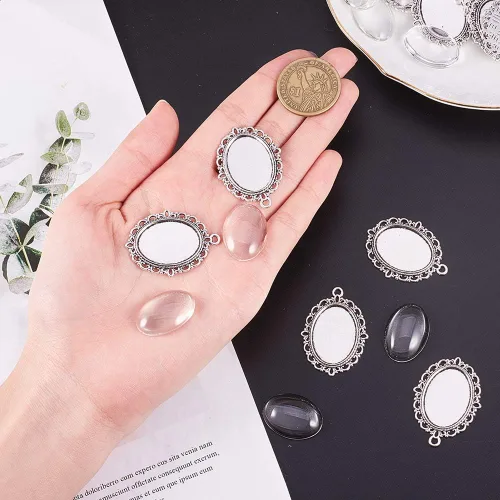 Miniatura 2 de PH PandaHall 60 piezas de bisel colgante en blanco – 30 bandejas colgantes ovaladas para fotos con 30 cabujones de cristal para bodas, novias, ramo
