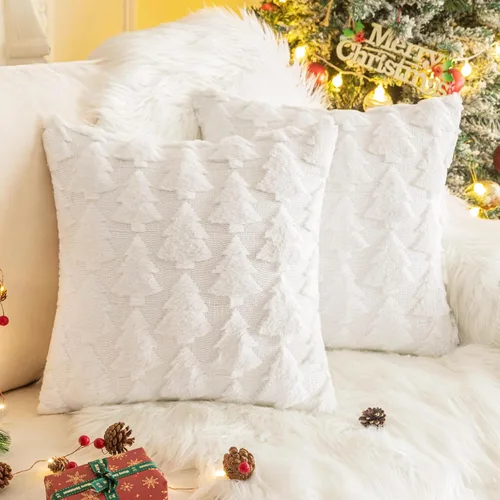 Miniatura 15 de AQOTHES Juego de 2 fundas de almohada de alce navideño de 18 x 18 pulgadas, suave piel sintética color beige crema, almohadas decorativas de Navidad